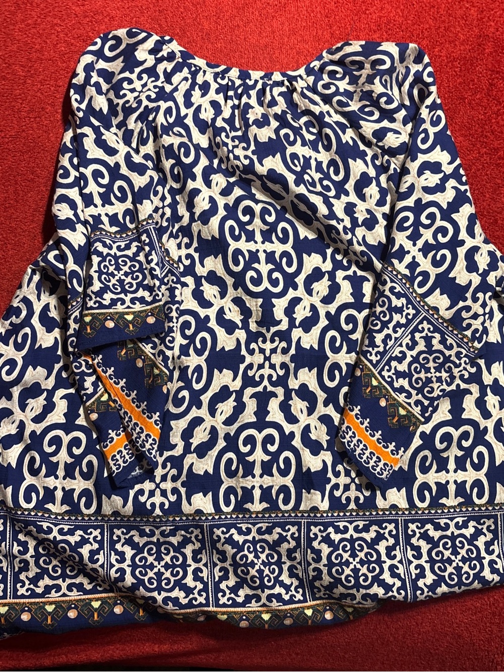 Bebonnie Blue and White Patterned blouse with orange Accents Size XL like new